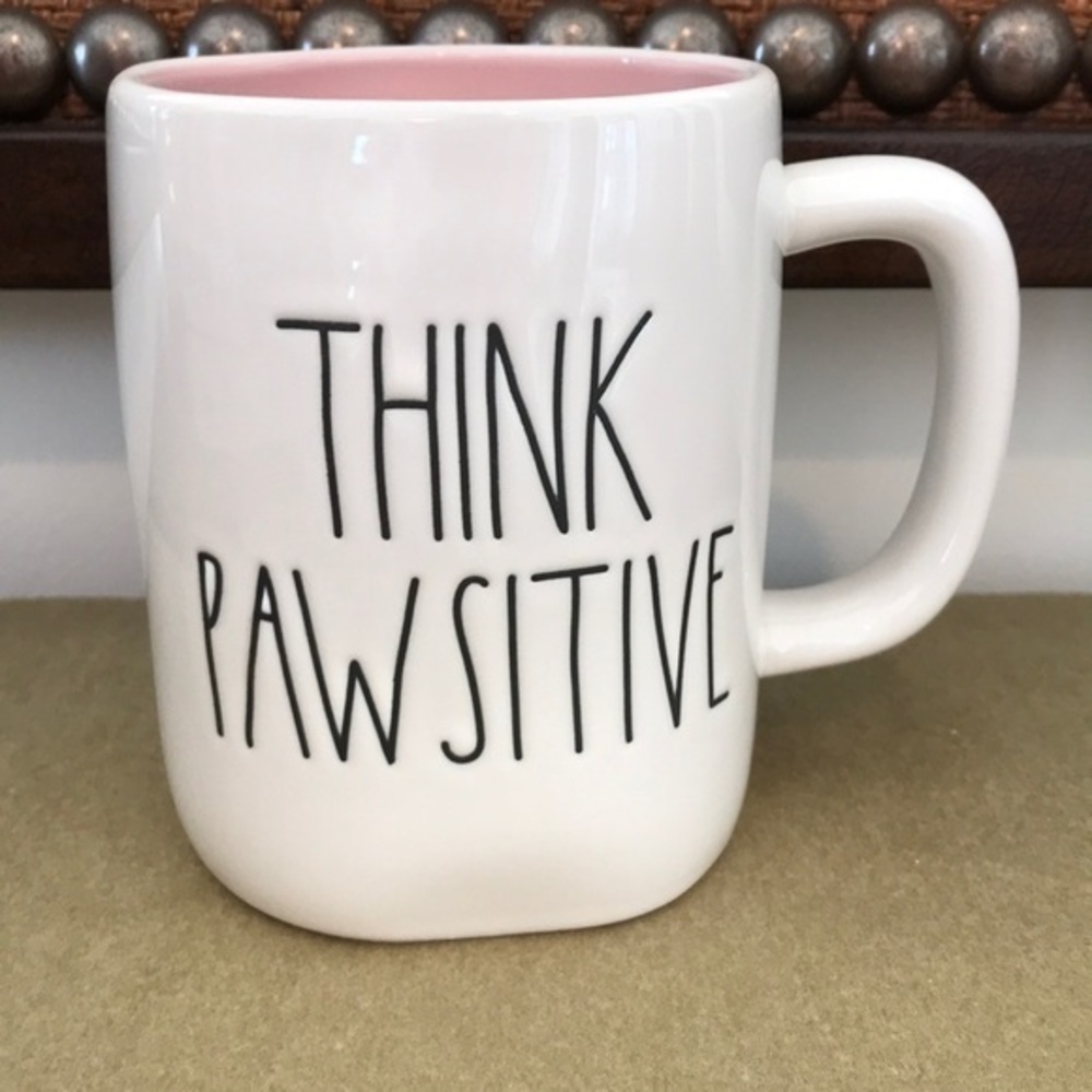 PETS- Rae Dunn, ‘Think Pawsitive’ ceramic mug. Pink inside. NWT